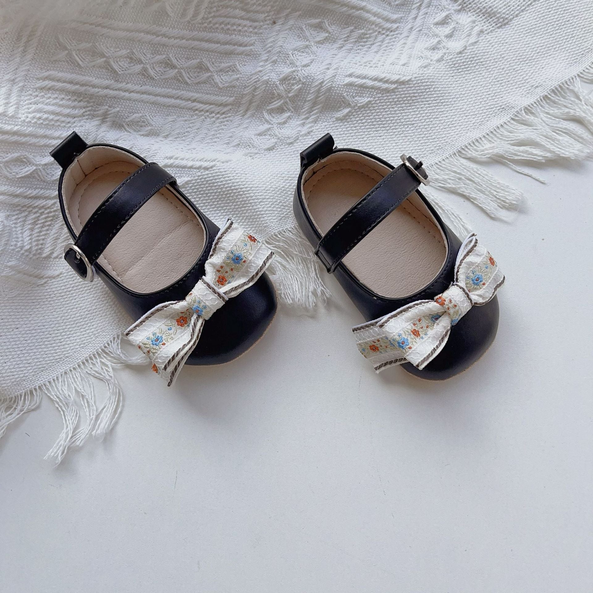 Arrival Baby Girl Floral Embroidery Bow Toddler Soft-Sole Anti-Slip Walking Shoes